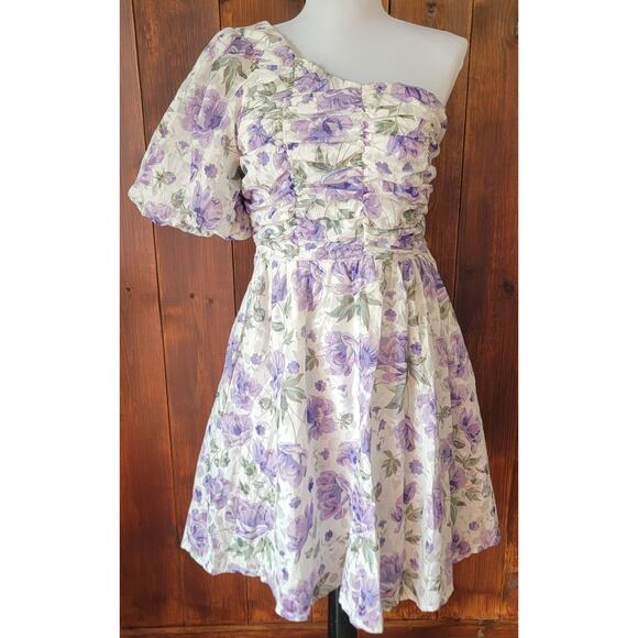 Altar’d State One-Shoulder Mini Dress Lg. White Purple Floral Cottagecore Charm - Picture 1 of 15
